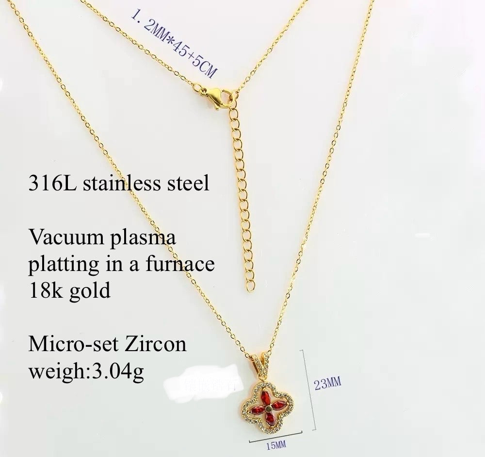 Lucky Stainless Steel Four-Leaf Clover Zircon Necklace Simple and Elegant Versatile and Personalized Lockbone Chain for Women Luxurious and Sophisticated Style 2pcs