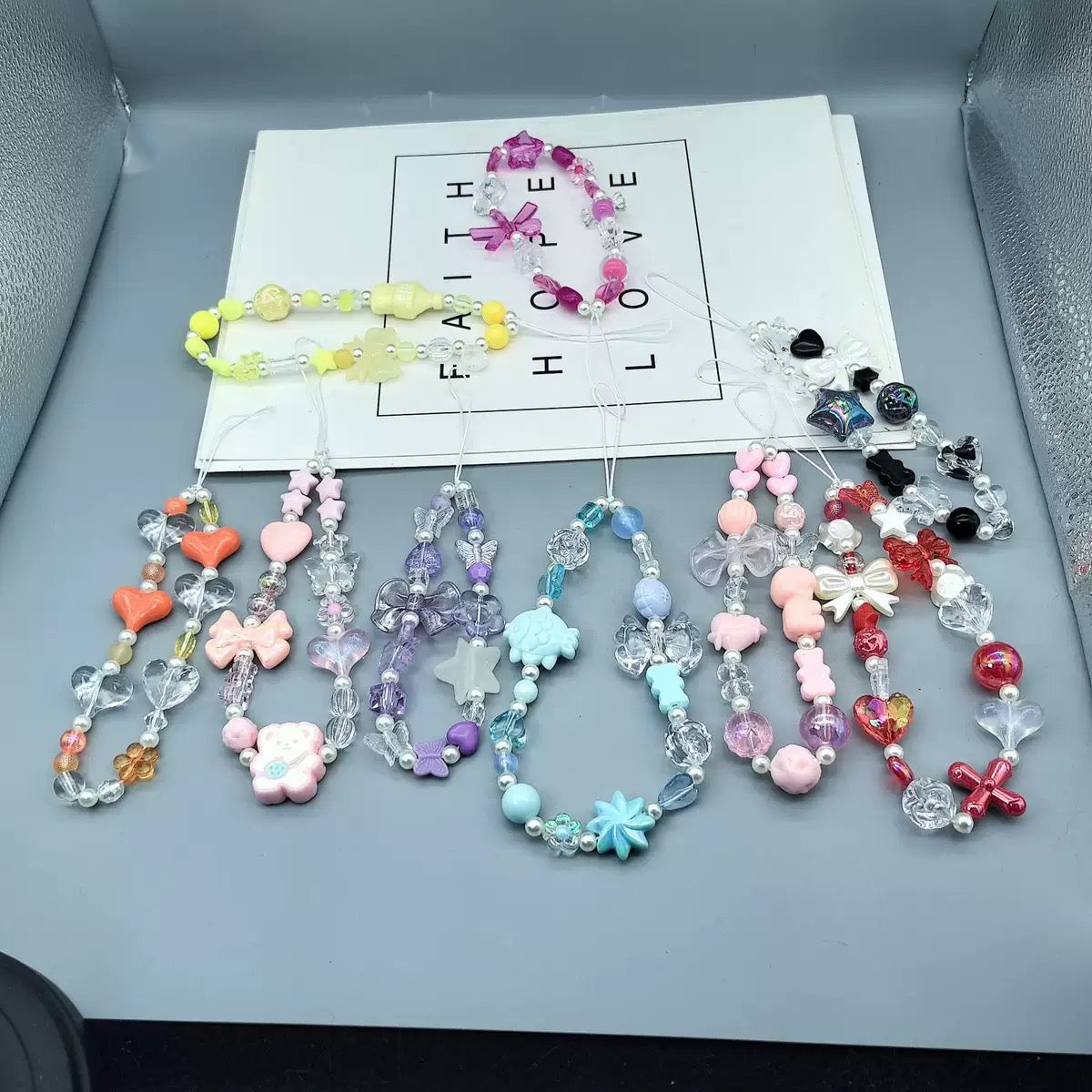 Candy cartoon bow-shaped mobile phone chain, bead-shaped mobile phone hanger string, mobile phone case pendant, wrist strap for shock protection 10pcs