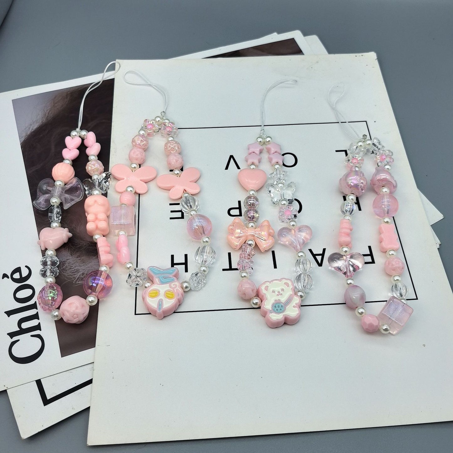 Candy cartoon bow-shaped mobile phone chain, bead-shaped mobile phone hanger string, mobile phone case pendant, wrist strap for shock protection 10pcs