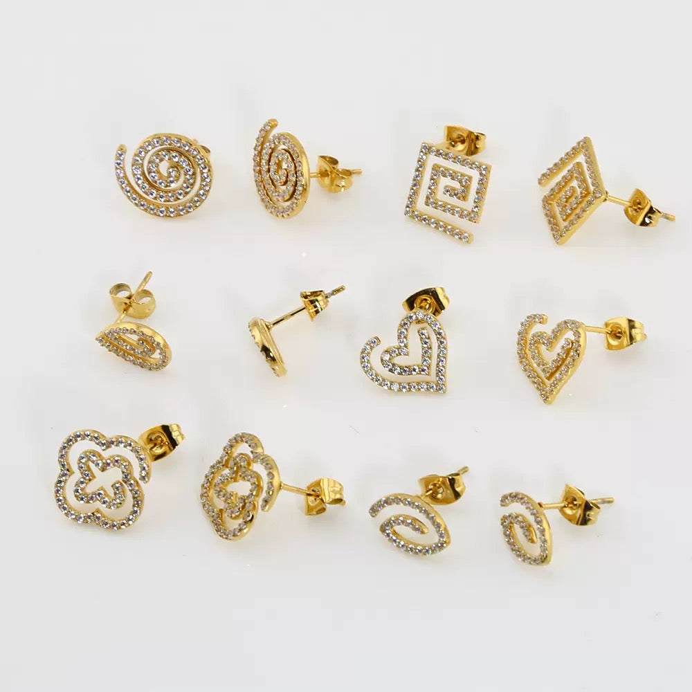 Luxury micro-set zircon stud earrings for women 18K gold stainless steel double-set gemstone stud earrings golden titanium steel earrings
