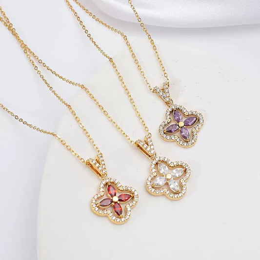Lucky Stainless Steel Four-Leaf Clover Zircon Necklace Simple and Elegant Versatile and Personalized Lockbone Chain for Women Luxurious and Sophisticated Style 2pcs