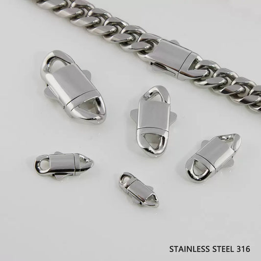 Stainless steel buttons European titanium steel Cuban chain buckles Miami chain jewelry buckles polished chain accessories, hip-hop accessories.
