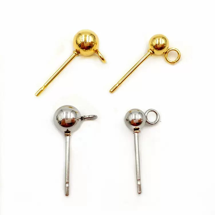 316L stainless steel bead earring post earring hoop round bead ear piercing set with ring for DIY ball earrings 100pcs