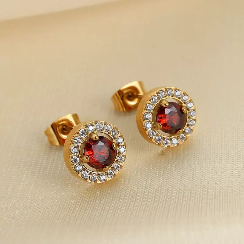 Luxury micro-set zircon stud earrings for women 18K gold stainless steel double-set gemstone stud earrings golden titanium steel earrings