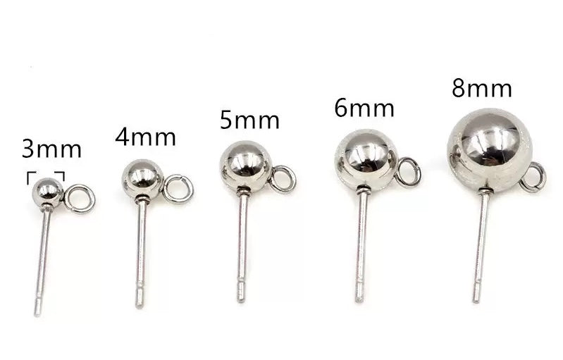 316L stainless steel bead earring post earring hoop round bead ear piercing set with ring for DIY ball earrings 100pcs